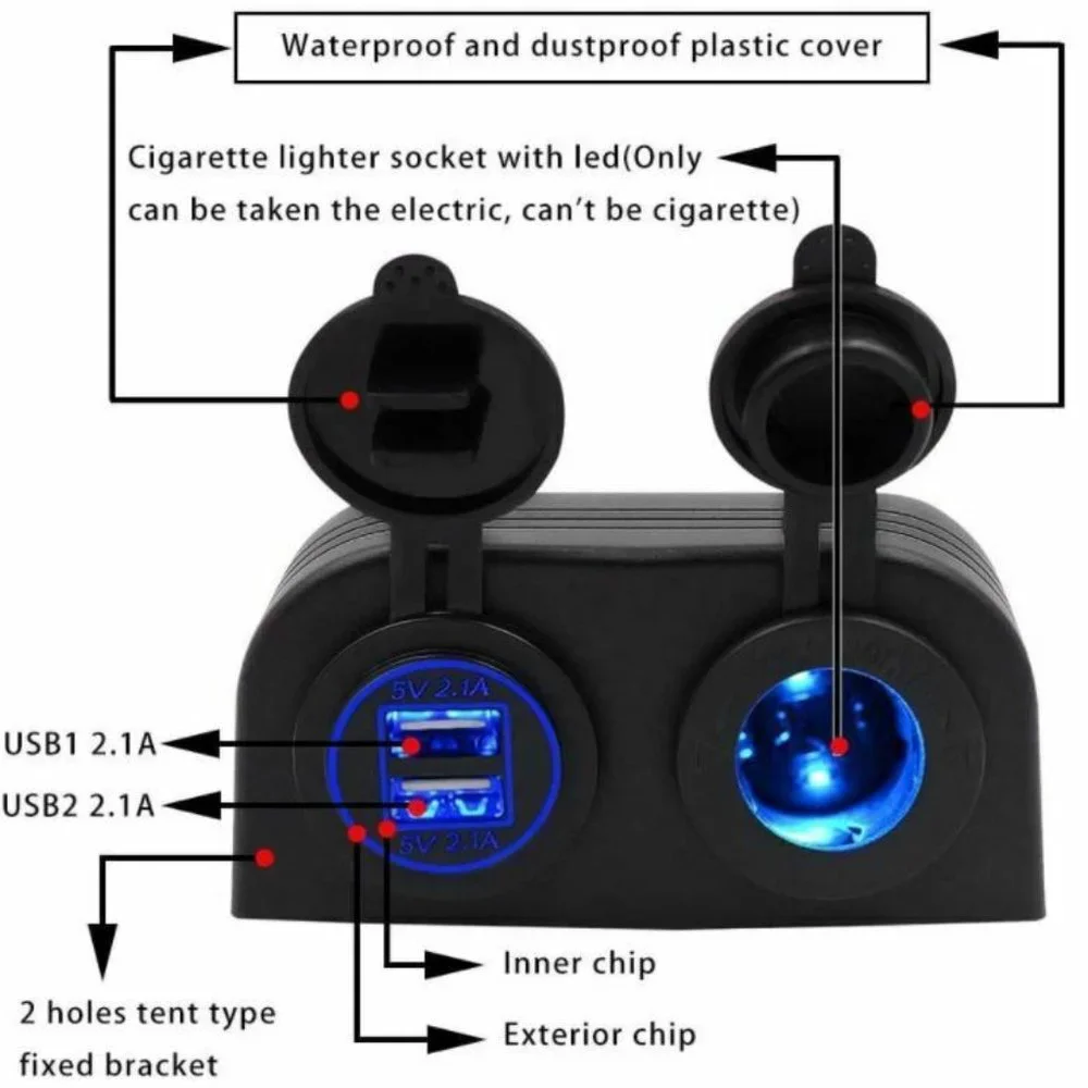 Marine 12V Dual Car-Boat-ATV Cigarette Lighter Socket Splitter USB Charger